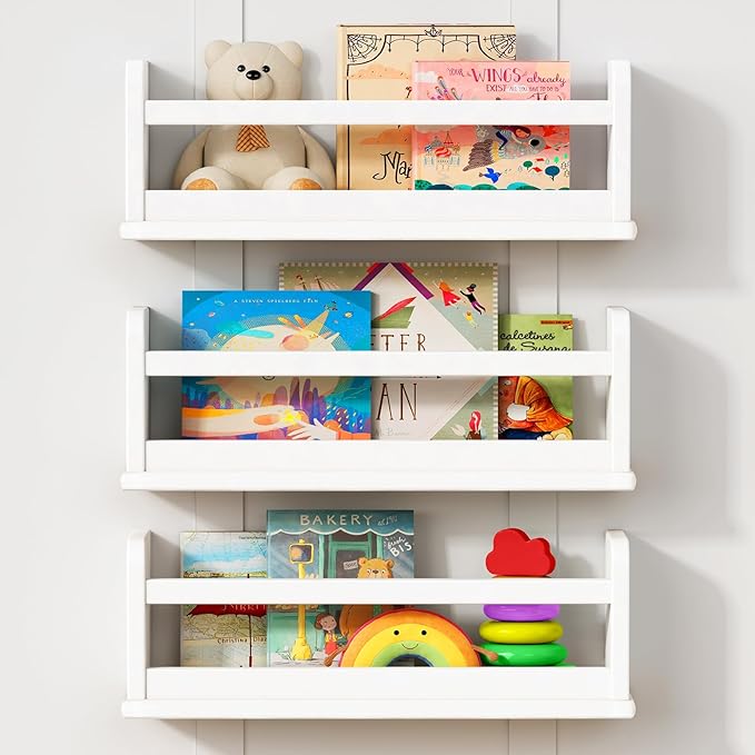 White Nursery Floating Bookshelves for Kids Room Wall Decor, Montessori Bookshelf and Corner Book Shelves for Bedroom, Spice Rack Shelf Organizer for Cabinet Small Spaces (Set of 3)