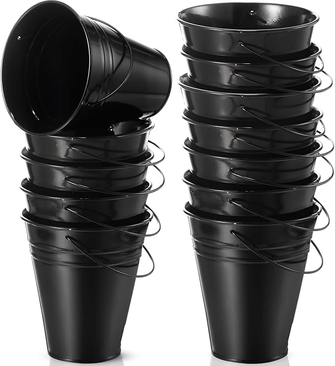 Sadnyy 12 Pack Metal Buckets with Handle, Galvanized Bucket 4.5 x 5 Inch Basket Bucket for Kids, Kids Party Supplies, Crafts for Christmas Halloween Christmas Candy Bars Vase Crafts(Black)