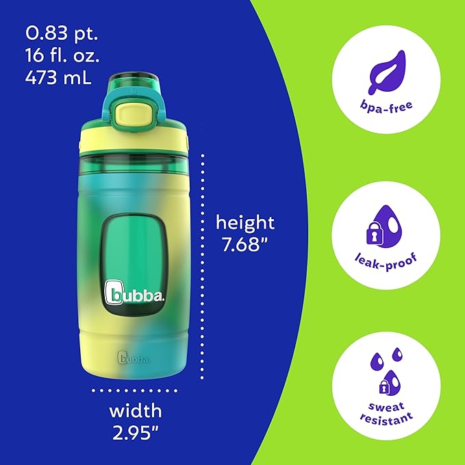 Bubba Kids Flo Silicone Sleeve and Wide Mouth, 16oz, 2-Pack Water Bottle, Medium, Fresh Fern Tie Dye; Fresh Fern
