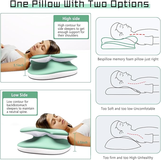 Cervical Neck Pillow for Pain Relief - Contour Memory Foam Pillows with Cooling Pillowcase, Neck Support Pillows for Sleeping, Ergonomic Orthopedic Pillow for Side, Back, Stomach Sleepers (Green)