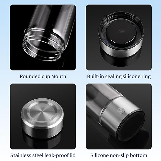 Hydrogen Water Bottle,3Min Quick Electrolysis,Hight Borosilicate Glass Health Mug with SPE PEM Technology, Portable USB Rechargeable Ionized Water Generator for Home, Travel and Office(Silver)