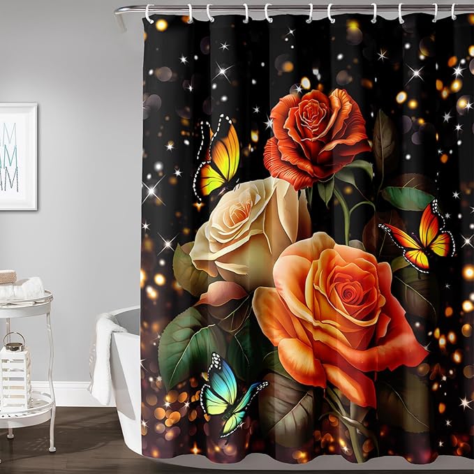 AILONEN Rose Flower Shower Curtain for Bathroom, Glitter Starry Flower Print Bath Curtain,Modern Botanical Floral Butterfly Waterproof Shower Curtain Decoration with 12 Plastic Hooks, 48" W*72" H
