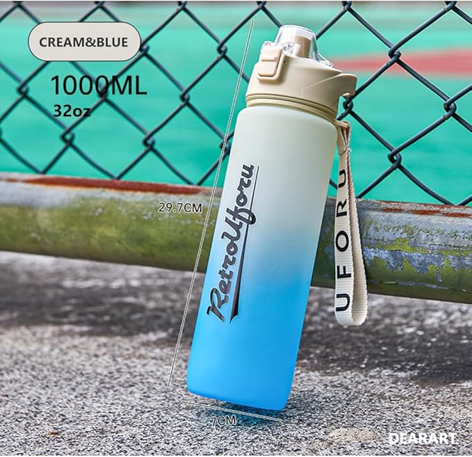 DEARART 32oz White&Blue Water Bottle With Motivational and Time Marker, BPA FREE Quick Drink No Straw, Easy Clean Suit Sports Office Gym School ect.