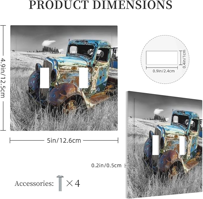 Vintage Country Old Blue Truck Double Toggle Light Switch Cover Decorative Rustic Automobile 2 Gang Wall Plate Electrical Faceplate Switchplate for Bathroom Bedroom Living Room Decor