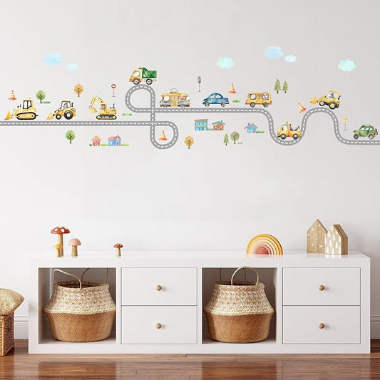 Kids Car Road Wall Decals Truck Pictures for Toddler Walls 43PCS Transports and Road Wall Stickers Wallpaper Peel and Stick Daycare Traffic Signal Wall Art Excavator Wall Decal for Playroom Nursery