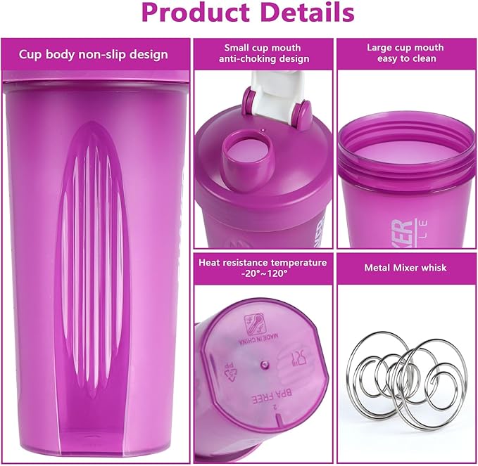 Shaker Bottle, 600ml Classical Protein Shaker Cup with Mixing Ball for Smooth blending, Leak-Proof GYM Workout Water Bottles for protein& Smoothie Shake，Bpa Free (20oz / Purple)