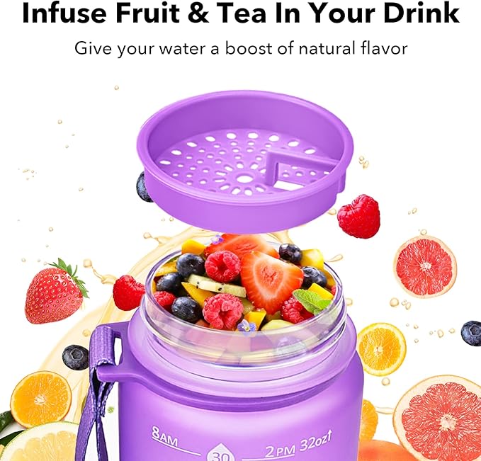 GOSWAG 32oz Motivational Water Bottles with Time Marker and Fruit Strainer, Sports Water Bottle with Times to Drink, Leakproof, Reusable Plastic Bottle with Strap no Straw for Gym, School