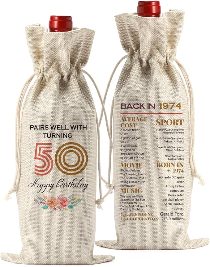 Funny 50th Birthday Gifts for Women Her Him Wine Bag, Happy Anniversary 50th birthday Party Decorations Men for Woman Her Wine Bags, 50 Year Old Birthday Gifts for Women Men Wine Bottle Bag