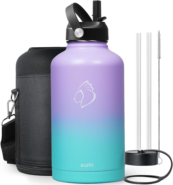 BUZIO 64oz Insulated Water Bottle Stainless Steel Double Wall Leak Proof Half Gallon with Straw Lid and Flex Cap (Cold for 48 Hrs) Sports Flask Metal Travel Mug for Hiking, Camping, Purple Green