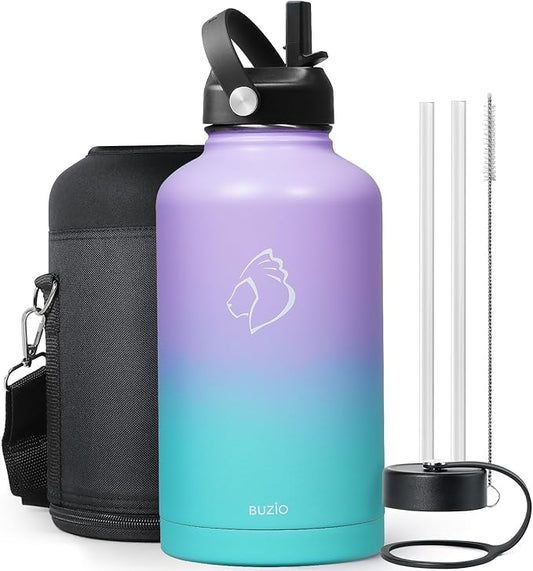 BUZIO 64oz Insulated Water Bottle Stainless Steel Double Wall Leak Proof Half Gallon with Straw Lid and Flex Cap (Cold for 48 Hrs) Sports Flask Metal Travel Mug for Hiking, Camping, Purple Green