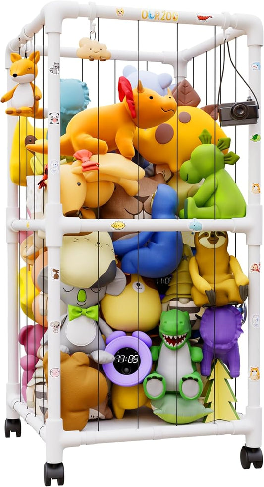 Large Stuffed Animal Zoo Cage with Wheel, Plush Animal Storage Holder for Stuffed Animals, Playroom, Bedroom, Nursery, Stuffed Animal Storage Shelves Display Decor, Kids Toy Storage Organizer