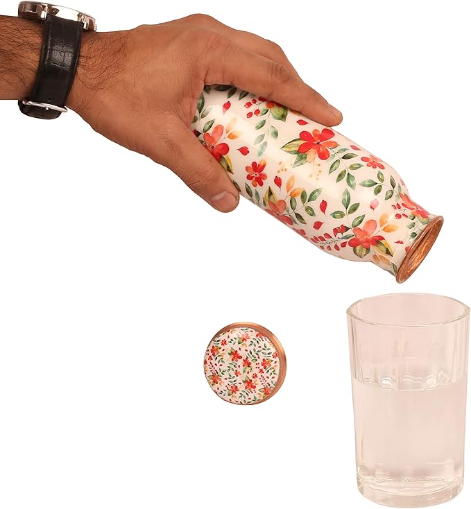 Pure Copper Water Bottle - Handcrafted - Ayurveda health benefits - Large 17.50 oz - Leak proof - Easy to carry for Sports, Fitness, Yoga, School - White Base Floral Vintage Colors Enamel