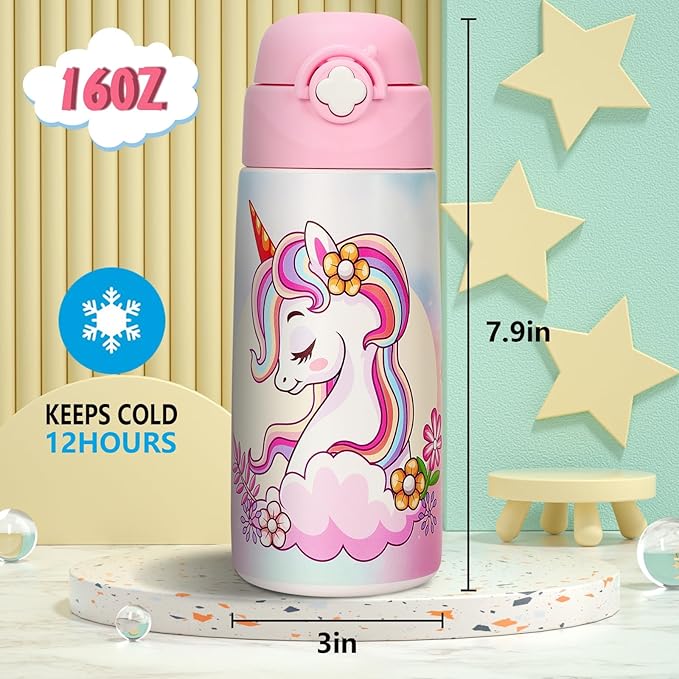 Kids Insulated Water Bottle with Covered Pop-Up Straw,16oz Toddler Cups with Stainless Steel Leak Proof for School Boys Girls Pink（1-Unicorn）