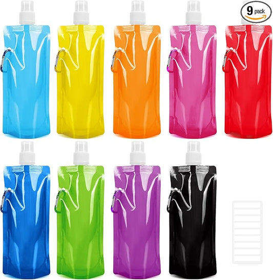 TOMNK Collapsible Water Bottle, 9pcs Reusable Canteen Foldable Drinking Water Bags with Clip for Sports, Biking, Hiking Travel, 9 Colors
