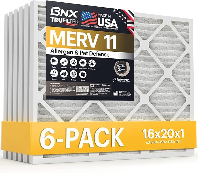 BNX TruFilter 16x20x1 Air Filter MERV 11 (6-Pack) - MADE IN USA - Allergen Defense Electrostatic Pleated Air Conditioner HVAC AC Furnace Filters for Allergies, Dust, Pet, Smoke, Allergy MPR 1200 FPR 7