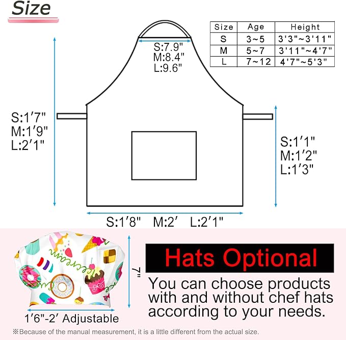 Kids Apron Chef Hat Set for Boys and Girls Adjustable Neck Strap Hook and Loop Fastener Design Waistband for Baking