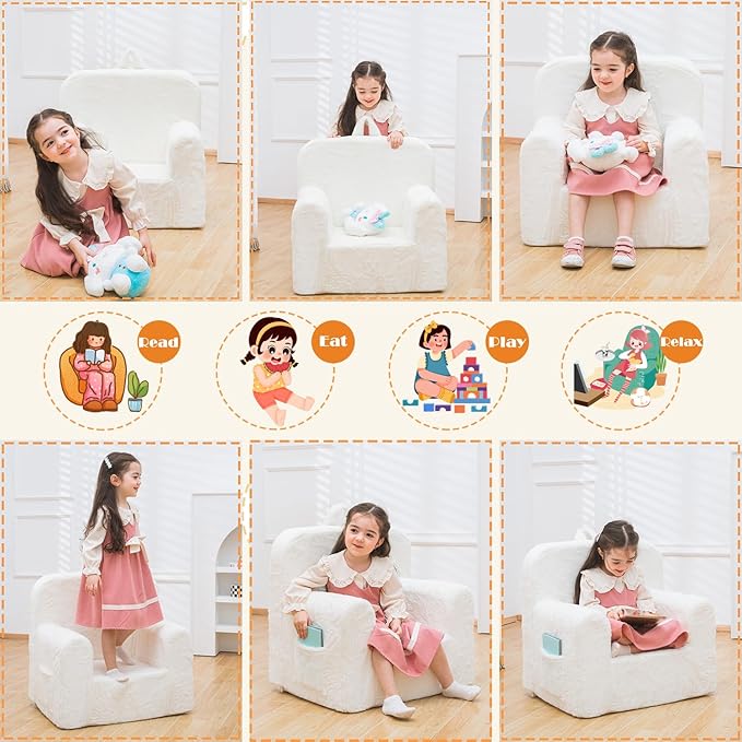 Snuggly-Soft Cuddly Toddler Plush Armchair for Boys and Girls Fuzzy Plush Kids Sofa Couch Reading Chair with Children Friendly Handle for Easy Movement & Double Pockets for Good Storage, Cream