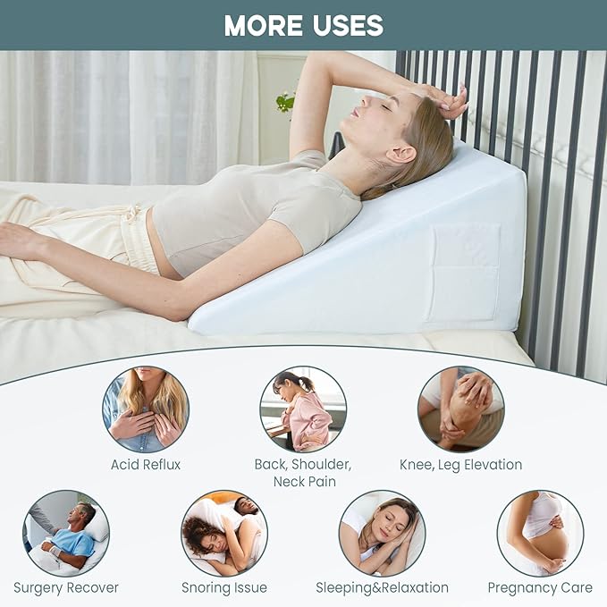 Bed Wedge Pillow, 10" 24" 24" Triangle Pillow Wedge, Cooling Memory Foam Top, Elevated Support Wedge Pillow for Relieving Acid Reflux, Heartburn, Snoring and GERD