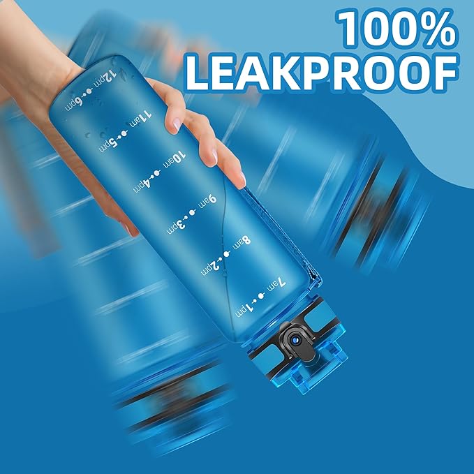 OLDLEY 32 oz Water Bottle, Motivational Water Bottle with Time Marker, Sports Water Bottle With Strap, Leakproof & BPA Free Large Water Bottles for School, Gym, Travel, Outdoor, Tritan,Blue