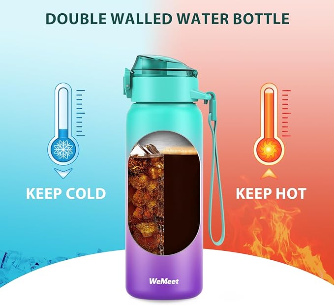 32oz Water Bottle with Removable Straw and Spout Lid Two Ways to Drink, 18/10 Stainless Steel Insulated Water Bottle, BPA-Free, Leak Proof, Double wall, for Sports, Gym
