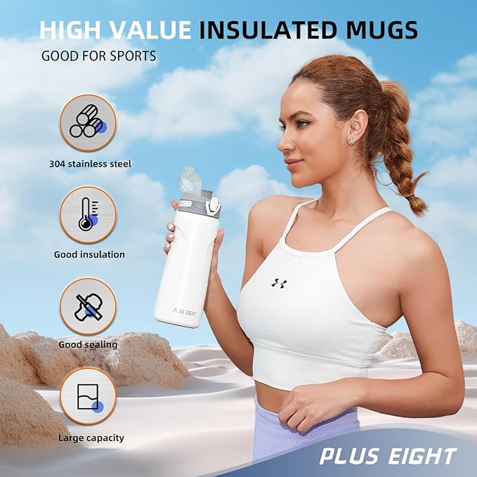 Sports Water Bottle, 25 oz Insulated Water Bottle With Straw, Stainless Steel Water Bottle Wide Mouth for Sports, Gym or Office, BPA-Free Keep Cold 24H Hot 12H (White)