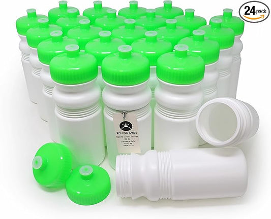 Rolling Sands 20 Oz Sports Water Bottles 24 Pk, BPA-Free, Made in USA, Dishwasher Safe, White Bottles/Neon Lime Green Lids