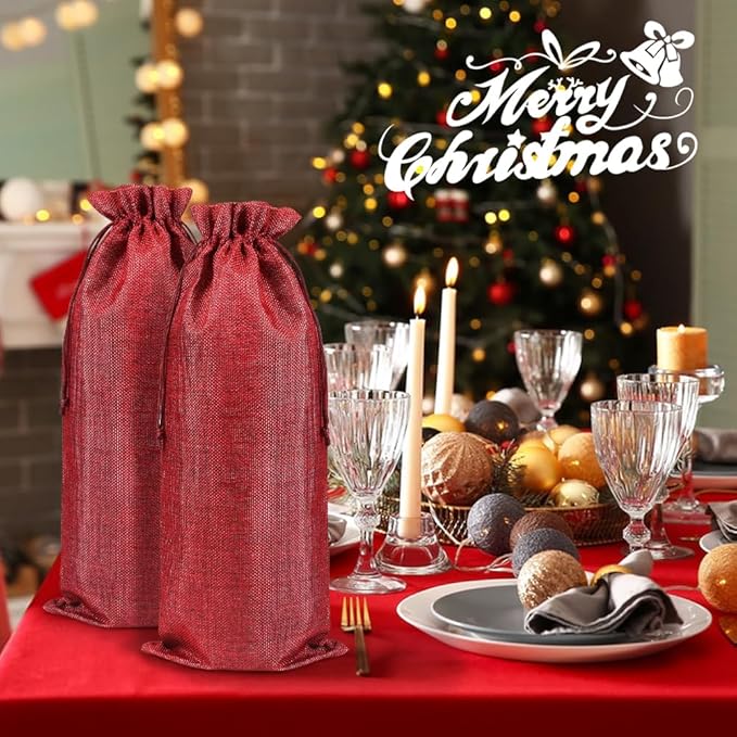 Shintop 10pcs Jute Wine Bags 1.5L, 16 x 6.7 inches Hessian Wine Bottle Gift Bags with Drawstring (Red)