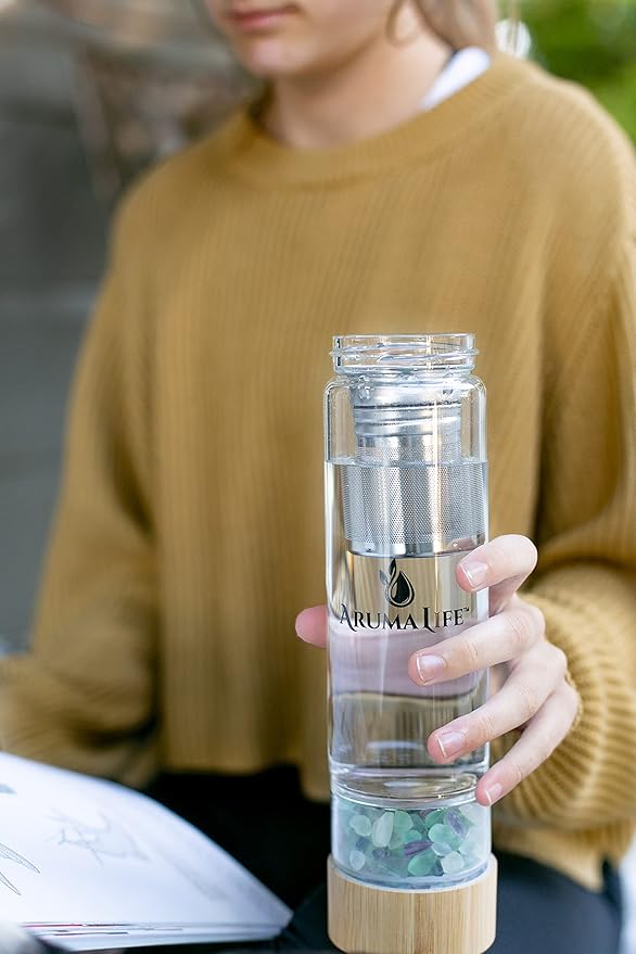 Crystal Water Bottle plus Loose-Leaf Tea/Fruit Infuser, Safe for Hot and Cold Drinks, Eco-friendly Plus BONUS Protective Sleeve & Extra Set of Crystals Coloured Fluorite & Yellow Jasper