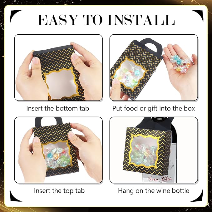 ISKYBOB 20PCS Wine Bottle Box with Window, Kraft Paper Wine Boxes for Birthday Gifts Hanging Wine Treat Box Mini Charcuterie Boxes Champagne Bottles Gift Boxes Candy Box for Party Favor (Black Gold)