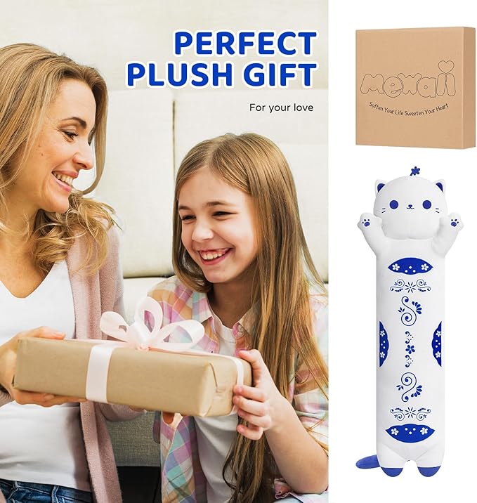 Long Cat Plush Kawaii Kids Plush Toy Pillows, Cute Cat Stuffed Animals Soft Plushies, Kitten Big Plush Toys Throw Body Pillow Doll Gift for Girls Boys (Blue Cat 28 Inch)