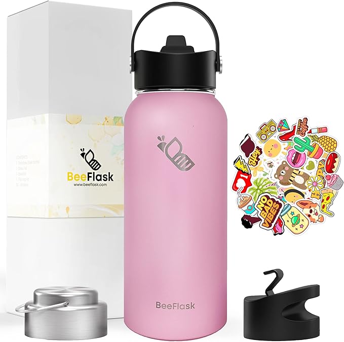 Sports Water Bottle - 32 Oz, 3 Lids (With straw), 50 Cute Stickers, Vacuum Insulated, 308 Stainless Steel, with a Portion of Sales Supporting Bee Conservation Efforts (Baby Pink)