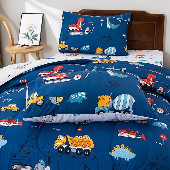 Meeting Story Construction Truck Car Full Comforter Set for Boys,5 Pieces Dinosaur Bedding Set with Sheets and Pillowcases，Excavator Lightweight Microfiber Bedding Sets（Blue，Full5pcs）