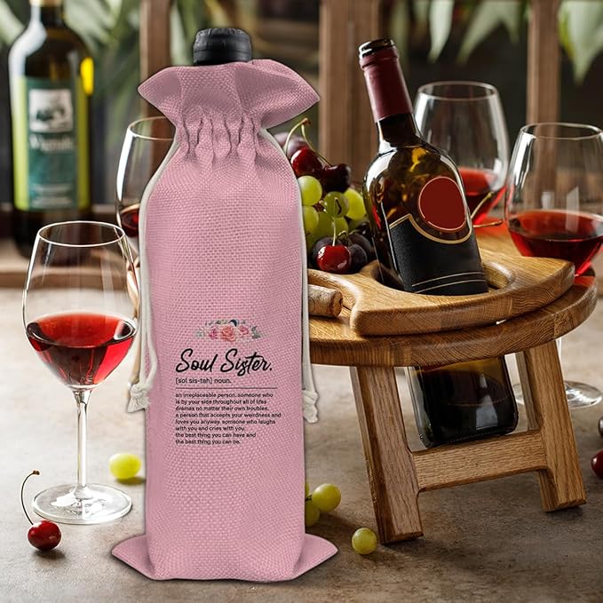 HOIJAUMAI Soul Sister Gift Friendship Gifts for Women Best Friends Soul Sister Bestie, Soul Sister Wine Bag Soul Sister Definition Wine Gift Bags for Birthday (Pink)