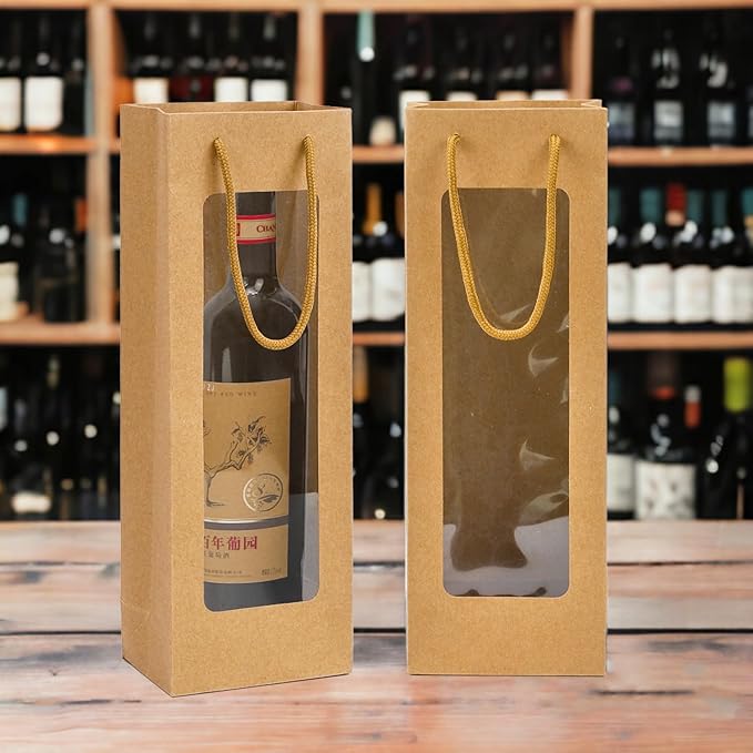 Ssyuysto 12 Pcs Wine Gift Bag with Window, 12 Pack 4.9"x3.34"x 14.1" Tall Paper Wine Bags for Wine Bottle, Brown Gift Bag for New Year Birthday Housewarming Dinner Party
