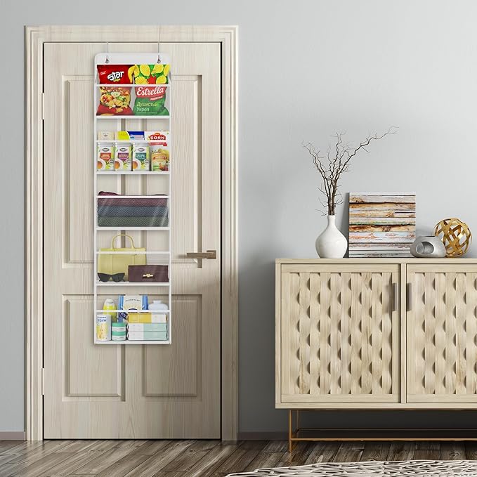 Univivi Over The Door Organizer Hanging Storage, Closet Door Organizer Baby Storage with 5 Clear Plastic Pockets & 2 Big Metal Hooks & Sticker for Cosmetics, Bathroom, Nursery and Sundries