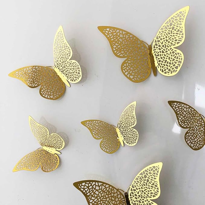 72Pcs 3D Butterfly Wall Decor 3 Sizes 3 Styles, Removable Butterfly Stickers Wall Decals, Butterfly Decorations Party Birthday Cake Decoration for Kids Nursery Wedding Bedroom Room(Gold)