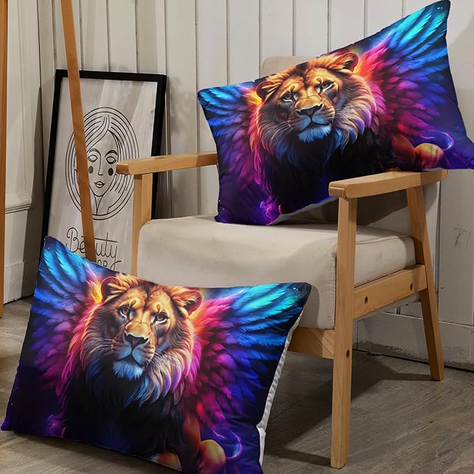 AILONEN Lion Fitted Sheet Set Twin XL Size, 3 Pieces Printed Evening Starry Wings Lion Bed Sheet Set,Colorful Tie Dye Rainbow Fitted Sheet with 2 Pillowcases