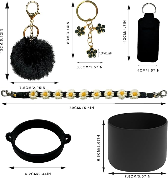 Water Bottle Accessories Set Compatible with Owala 24oz 32oz Including Water Bottle Handle Strap, Water Bottle Boot, Lipstick Bag, Pompom Ball, Daisy Key-chain, Compatible with Owala FreeSip.