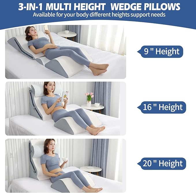 4Pcs Orthopedic Bed Wedge Pillow Set with 4Pcs Replacement Pillowcase, Incline Wedge Pillow for Back Pain Relief/Sleeping/Snoring/Post Surgery/Leg Elevation 20-in-1 Adjustable Memory Foam Wedge Pillow