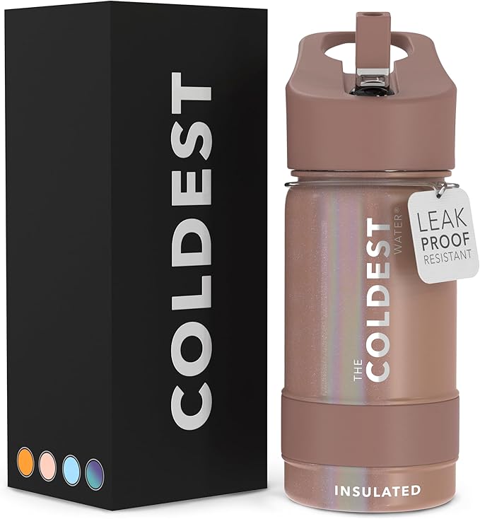 Coldest Sports Water Bottle - Straw Lid Bottle with Handle Leak Proof, Vacuum Insulated Stainless Steel, Double Walled, Thermo Mug, Metal | Rose Gold 14 oz