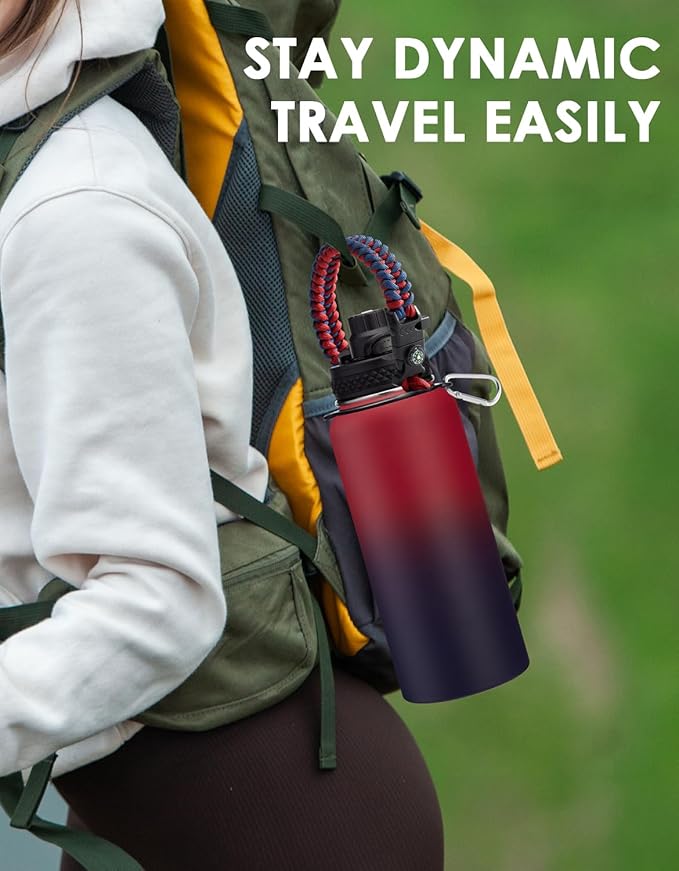 Insulated Water Bottle 32 oz - with Straw & Auto Spout Lid, Bottle Sleeve with Strap, Paracord Handle, 32oz Flask Purple Metal Water Canteen, Stainless Steel Water Jug for Sports Gym Woman Girls