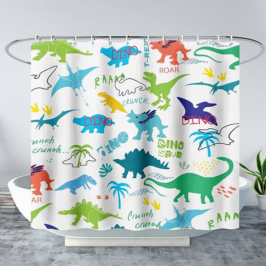 AILONEN Cartoon Dinosaur Shower Curtain for Kids Boys 60" W*72" H Inch,Colorful Dinosaur Pattern Shower Curtain,12 Pack Hooks Polyester Waterproof Fabric Decor for Bathroom
