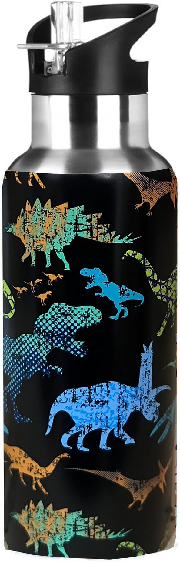 Cute Dinosaur Animal Sport Water Bottle with Straw, Vacuum Insulated Stainless Steel Thermal Drinking Travel Mug Cups For Gym Fitness Camping-17oz/500ml, Blue