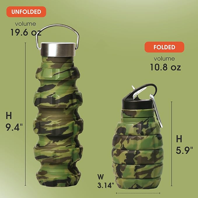 Collapsible Water Bottle 19.6oz/580ml (Woodland Camo) - 2 Lids, Carabiner, Gift Box - Leak Proof Silicone Gym Water Bottles Army - Military Veterans Day Gifts for Him - Hiking & Camping Accessories