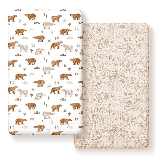 Stretchy Ultra Soft Jersey Knit Fitted Crib Sheets Set 2 Pack，Universal Fit All Standard Crib Mattress Pads Safe and Snug, Crib Fitted Sheet for Boys and Girls, Cute Animals Print