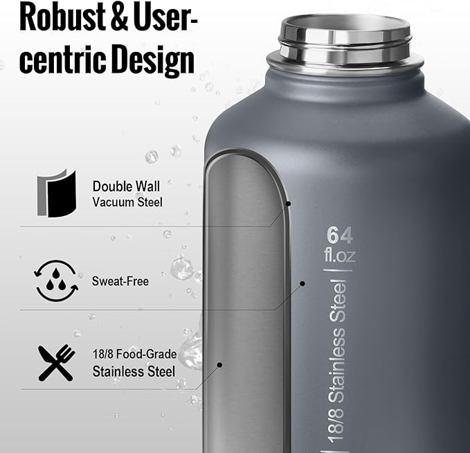 OneTigris Tactical Half Gallon Water Bottle with Straw - 64 oz Vacuum Insulated Stainless Steel Water Jug, Leakproof Sport Bottle with 3 BPA Free Lids, Paracord Handle & MOLLE Water Pouch for Outdoor