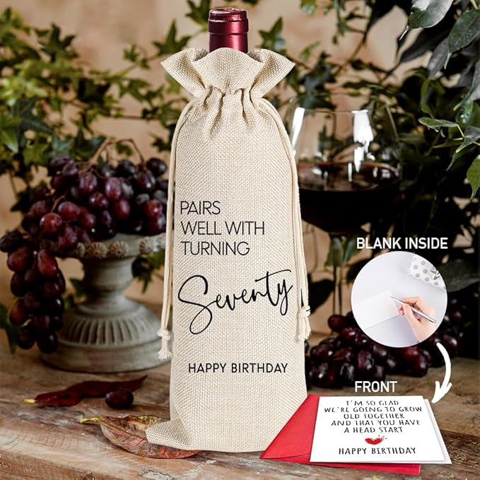 70th Birthday Gifts for Women Men, 70 Years Old Birthday Wine Bag, 70th Birthday Decorations, Happy 70th Birthday Party Wine Bag Gifts, Pairs Well With Turning 70, 1 Wine Bag With 1 Birthday Card