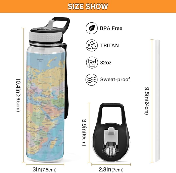 Kigai World Map Clear Water Bottle with Straw Lid, BPA-Free Leakproof Sport Water Bottle 32oz Large Gym Water Jug for Men Women Travel Fitness Outdoor