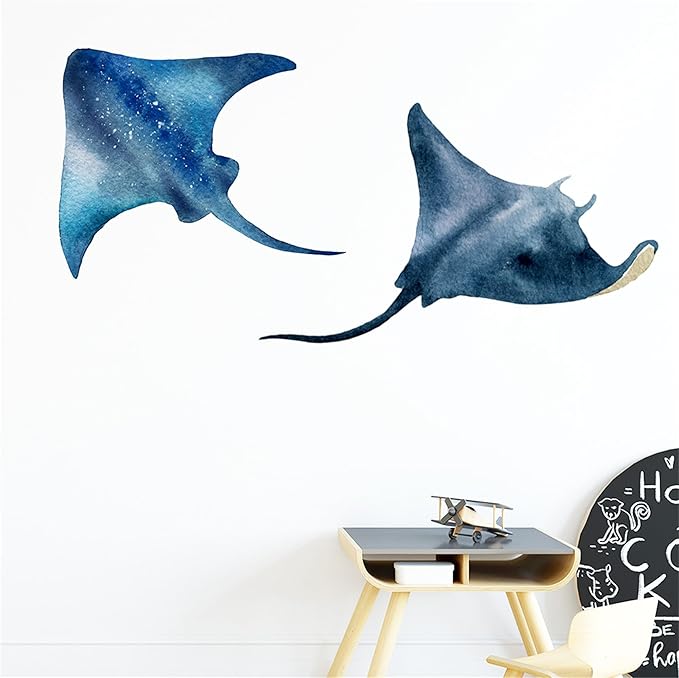 Watercolor Style Halobios Wall Decals Marine Organism Wall Sticker Art Wall Clings Removable Stickers for Nursery Kid'sroom School Livingroom Decoration Murals (Manta Ray1)