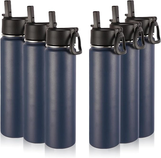 Volhoply 24oz Insulated Water Bottle With Straw Bulk 6 Pack,Metal Wide Mouth Water Bottles With Handle Lid Keep Cold,Reusable Double Wall Thermos,Powder Coated Sport Bottle For Holder(Navy,6 Count)